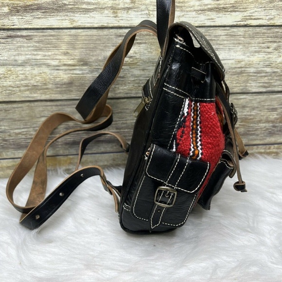 Red Kilim Tapestry Wool Fabric Black Leather Trim Drawstring Small Mini Backpack main image 11
